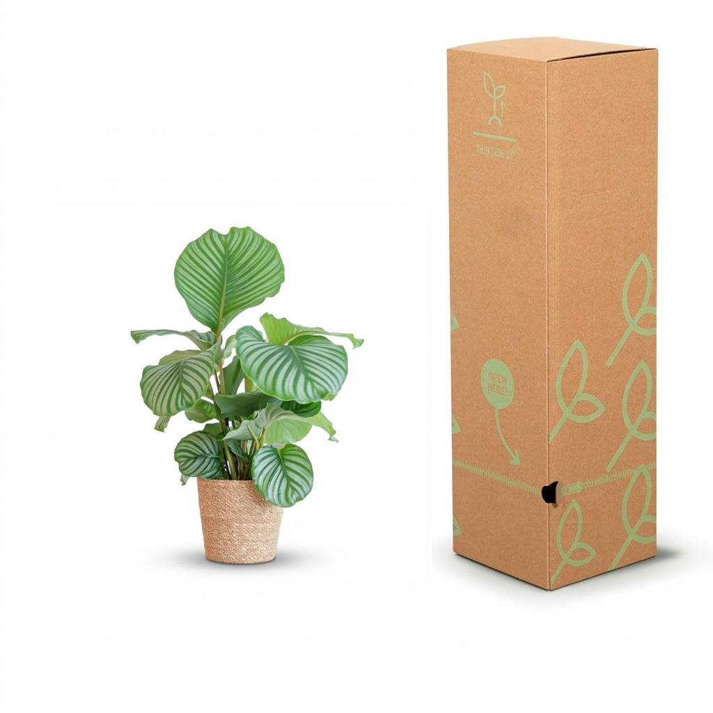 A potted green plant with striped leaves next to a tall brown cardboard box with light green leaf illustrations, on a white background.