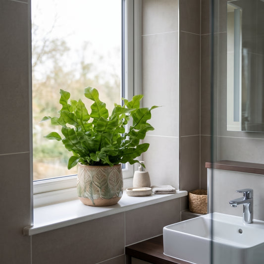 A potted green leafy plant in a textured beige ceramic pot sits on a white windowsill in a modern bathroom with gray tiled walls, a white sink, and a chrome faucet.