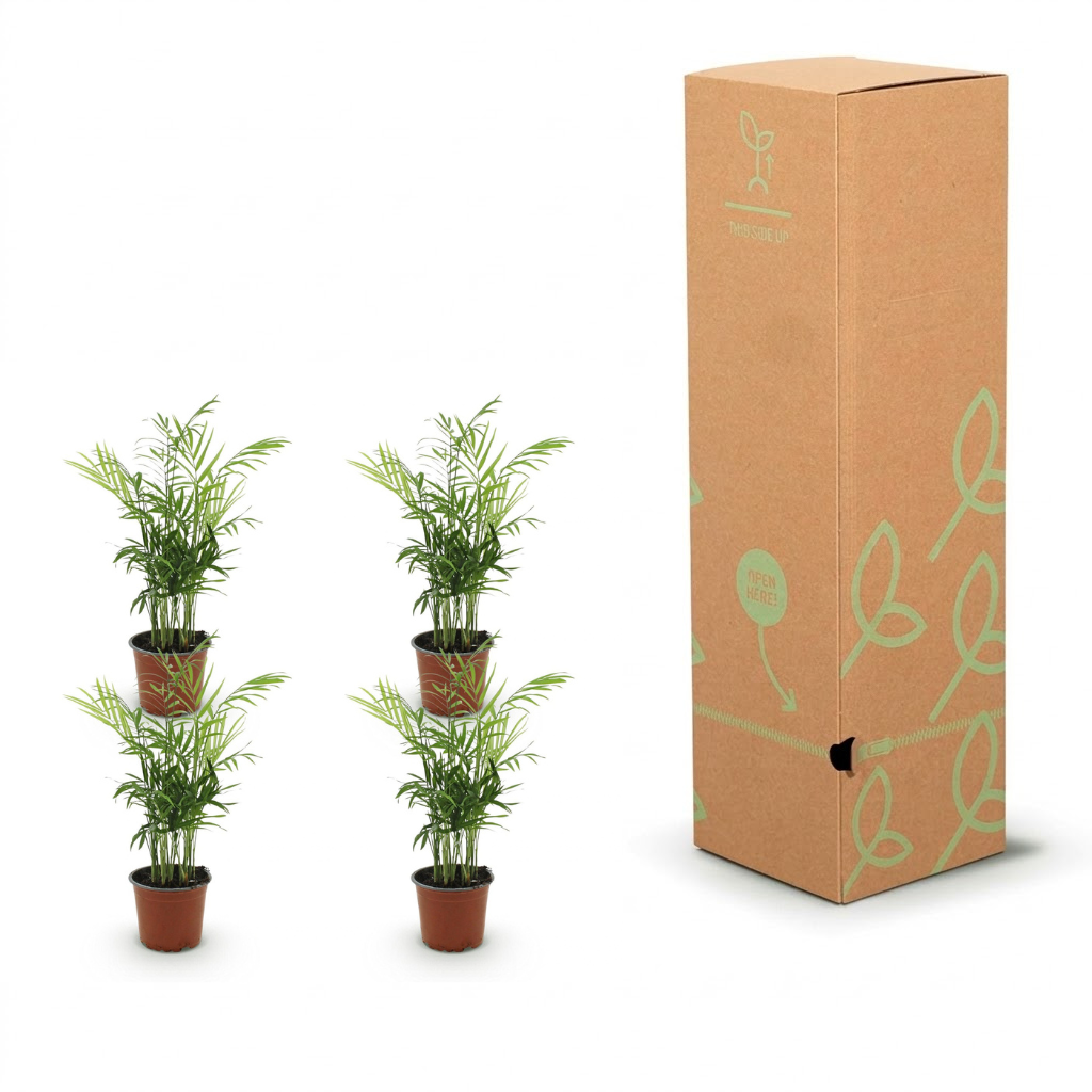 Four small potted green plants arranged in two pairs beside a tall brown cardboard gift box with light green leaf illustrations, on a white background.