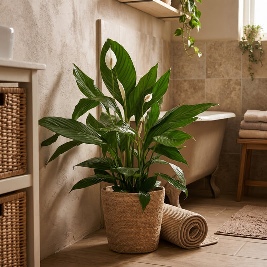 A potted green plant with large leaves sits in a woven basket planter on a tiled bathroom floor, with a clawfoot tub, bath mats, and warm neutral decor in the background.