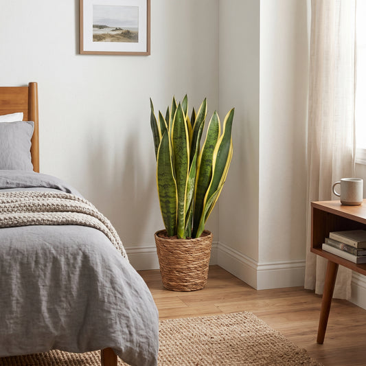 A tall snake plant in a woven basket pot, placed in a cozy bedroom corner next to a bed and a wooden side table.