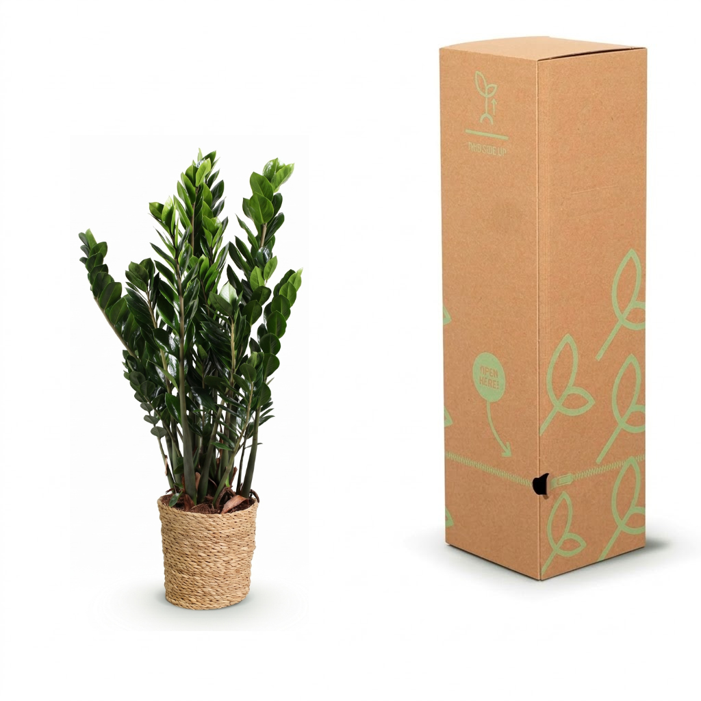 An artificial green plant in a small woven pot displayed next to its tall brown cardboard packaging box with light green leaf illustrations, on a white background.