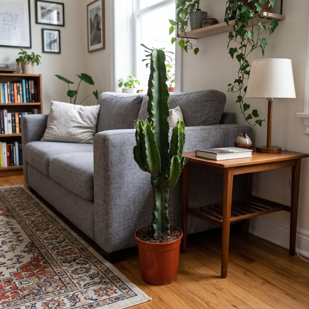 A tall green cactus in a terracotta pot standing next to a gray sofa in a styled living room with a wooden side table, lamp, rug, and bookshelves.