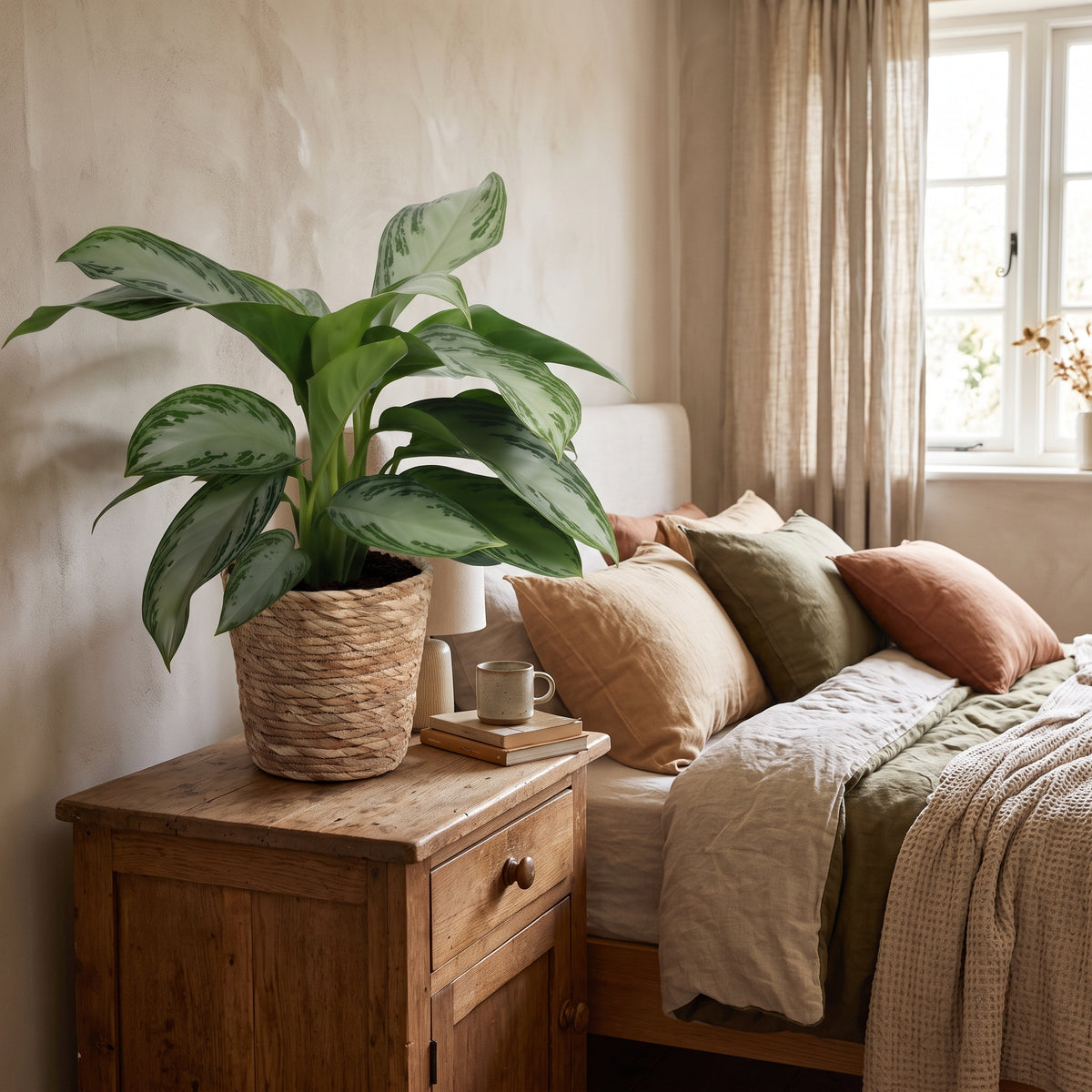 A large green houseplant in a woven basket planter sits on a rustic wooden bedside table next to a bed with beige and olive bedding in a softly lit bedroom.