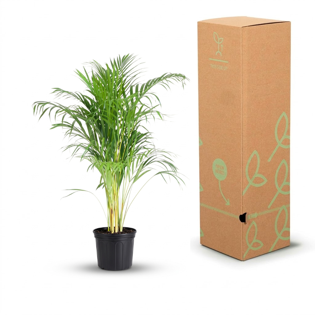 A potted green palm-like houseplant standing next to a tall brown cardboard shipping box with light green leaf illustrations, photographed on a clean white background.