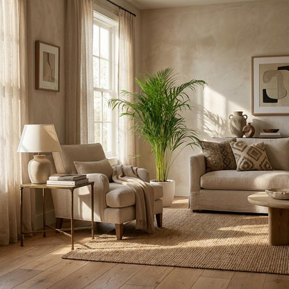 Cozy living room with beige sofa, armchair, and decorative elements.