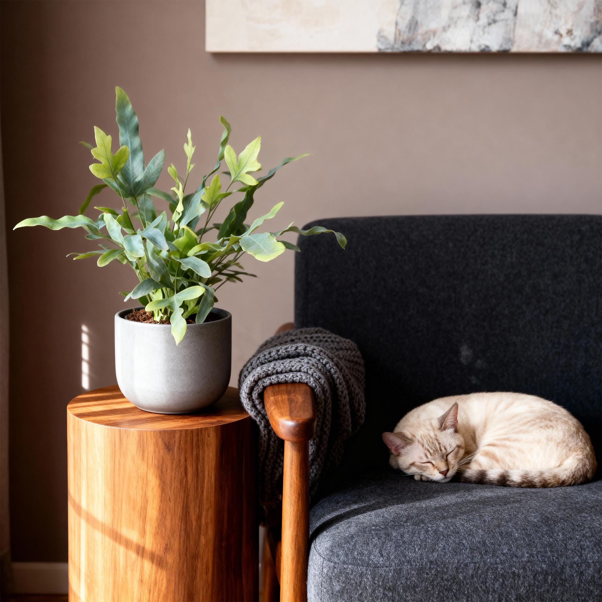 Cat sleeping on a dark gray sofa next to a wooden side table with a potted plant and a blanket.