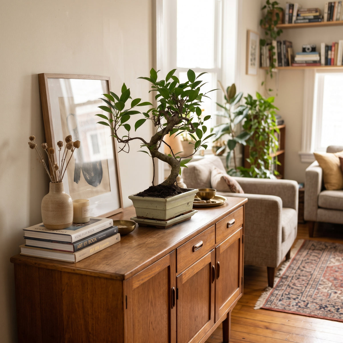 A warm, sunlit living room featuring a mid-century modern wooden sideboard. On top of the cabinet are stacked books, a small beige ceramic vase with dried stems, a large framed mirror, and a potted bonsai tree.