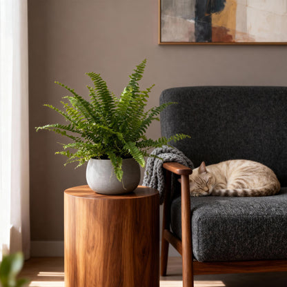 Living room with a potted fern on a wooden side table and a cat sleeping on a gray armchair.
