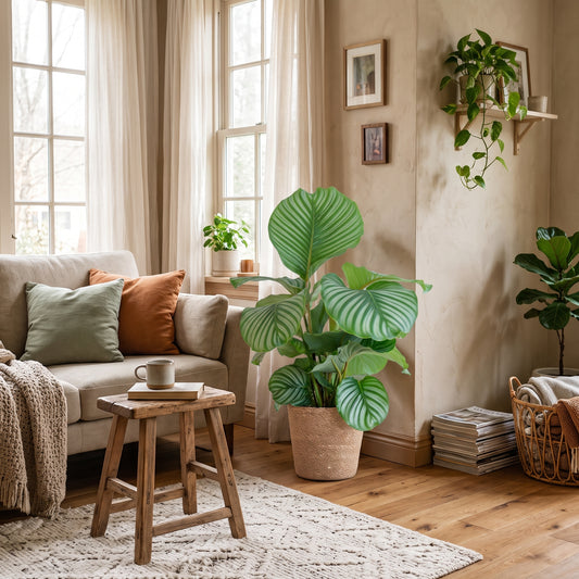 A large green monstera plant in a terracotta pot placed in a cozy, sunlit living room next to a beige sofa and wooden stool.