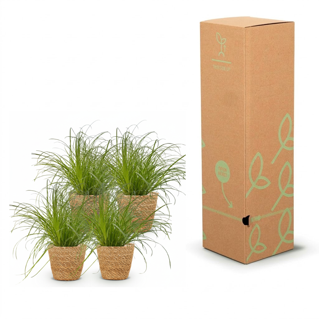 Three small potted ornamental grass plants with green foliage in woven brown pots, shown beside a tall brown cardboard shipping box with light green leaf illustrations on a white background.