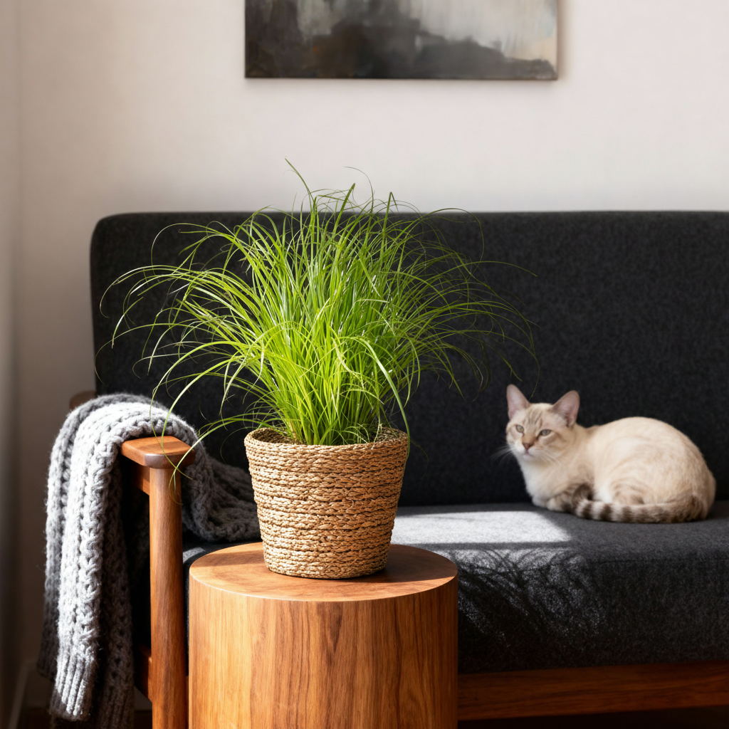 Cat resting on a dark sofa next to a potted plant on a wooden side table.