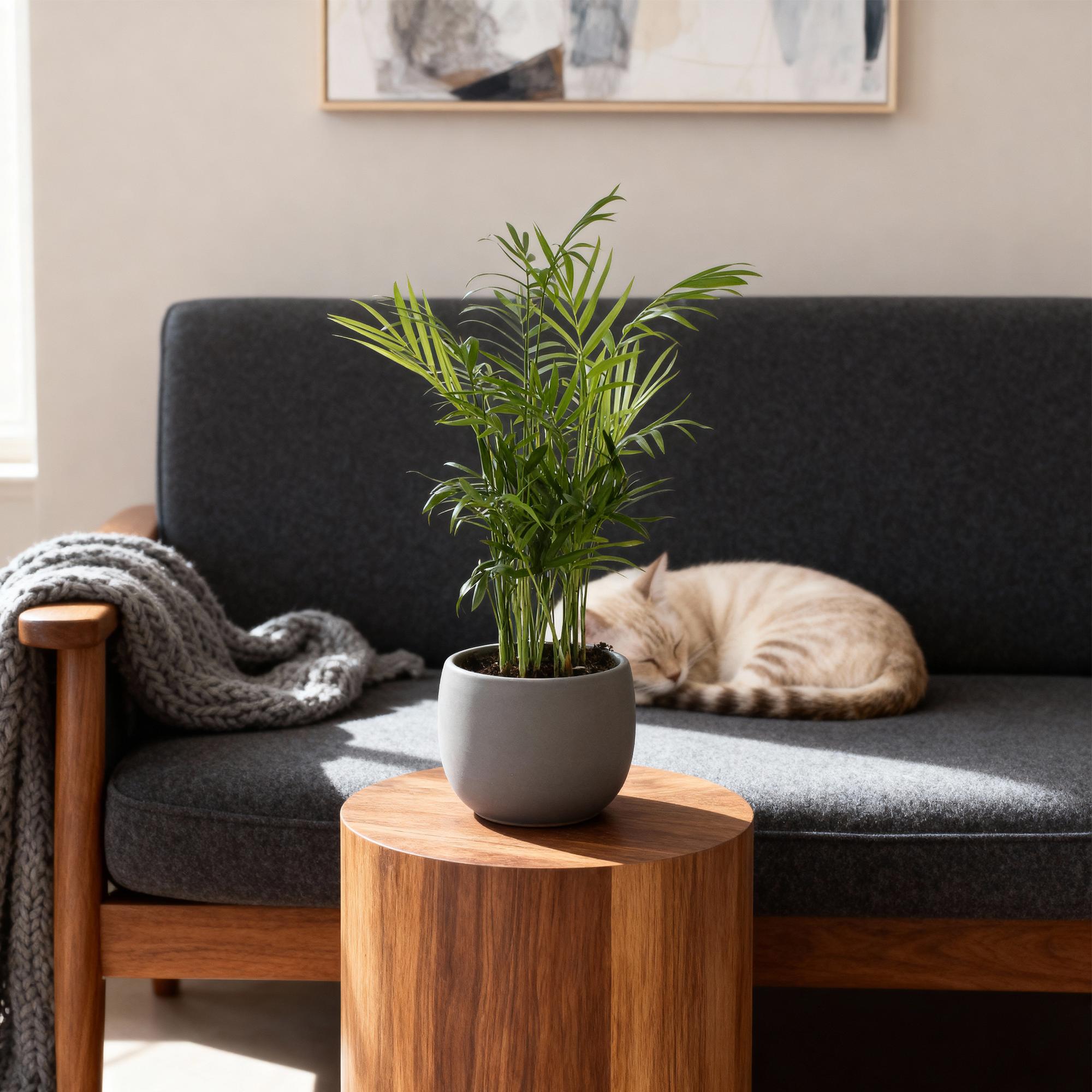 Cat sleeping on a gray sofa next to a potted plant on a wooden side table.