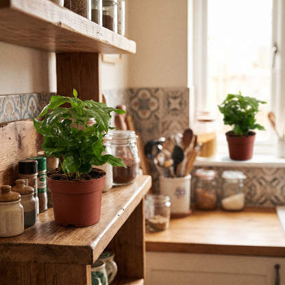 A potted green basil plant in a terracotta pot sitting on a rustic wooden kitchen shelf, with a matching kitchen counter and window in the background.