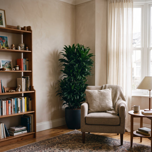 A cozy living room corner with a tall potted green plant in a dark pot, next to a beige armchair with a textured throw pillow and blanket. A wooden bookshelf stands on the left, and a small side table with a lamp is on the right, all set against warm beige walls and a patterned rug.