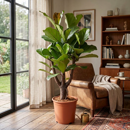 A large fiddle-leaf fig plant in a terracotta pot, placed in a cozy, sunlit living room next to a window, leather armchair, and wooden bookshelf.