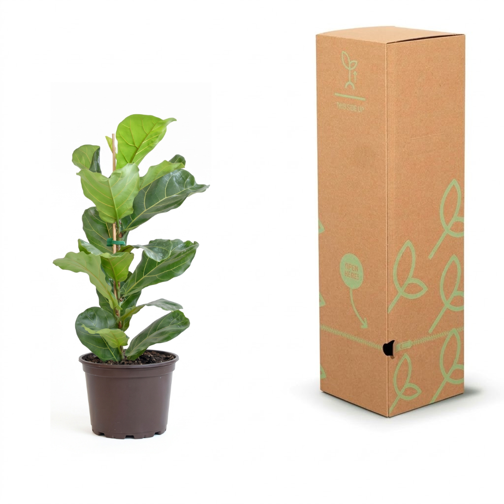 A potted fiddle-leaf fig plant with glossy green leaves in a dark brown nursery pot, shown next to its tall brown cardboard packaging box with light green leaf illustrations.