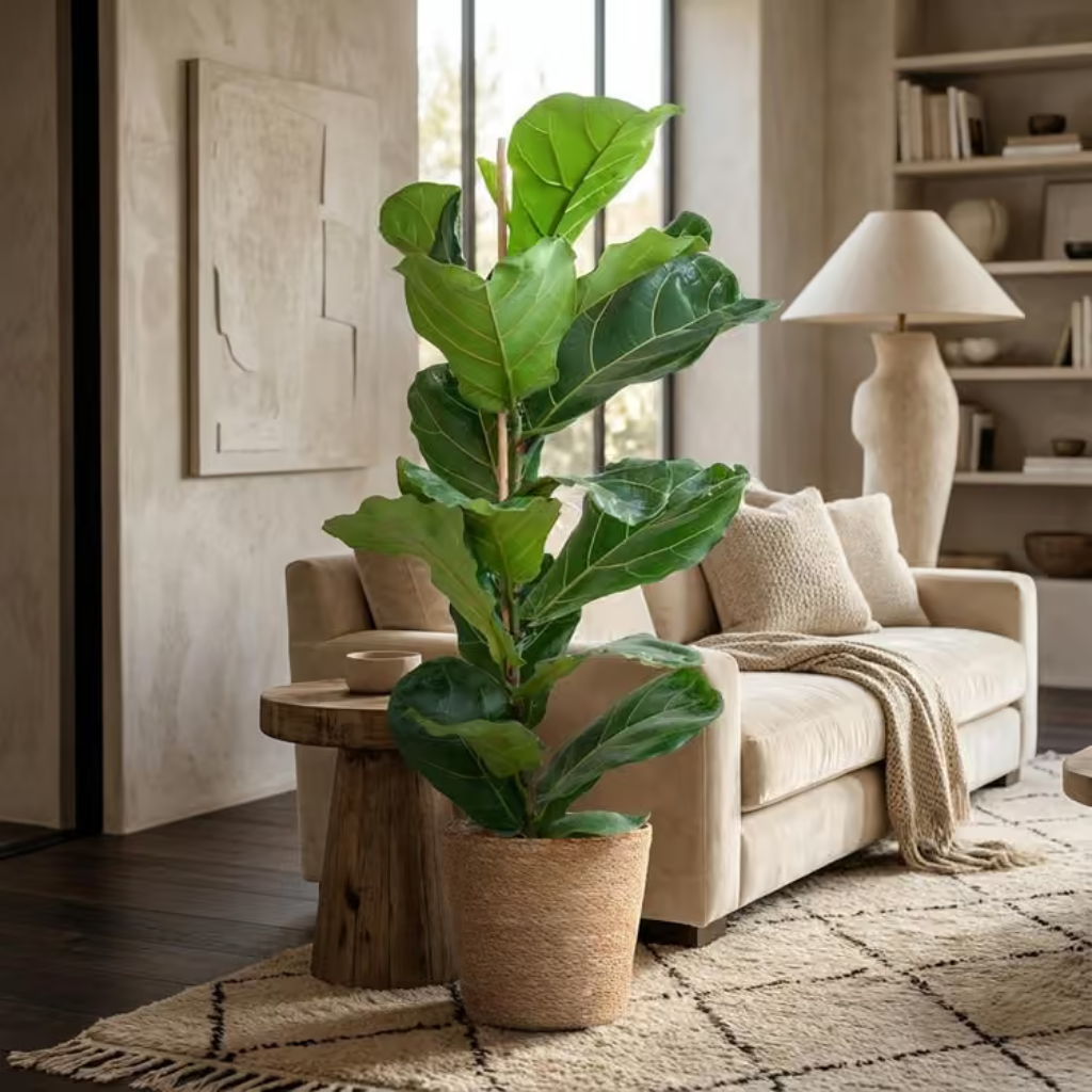 Fiddle leaf fig plant in a living room setting with a beige sofa and wooden side table.