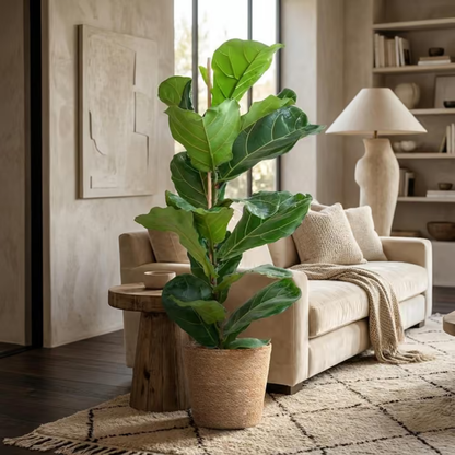 Fiddle leaf fig plant in a living room setting with a beige sofa and wooden side table.