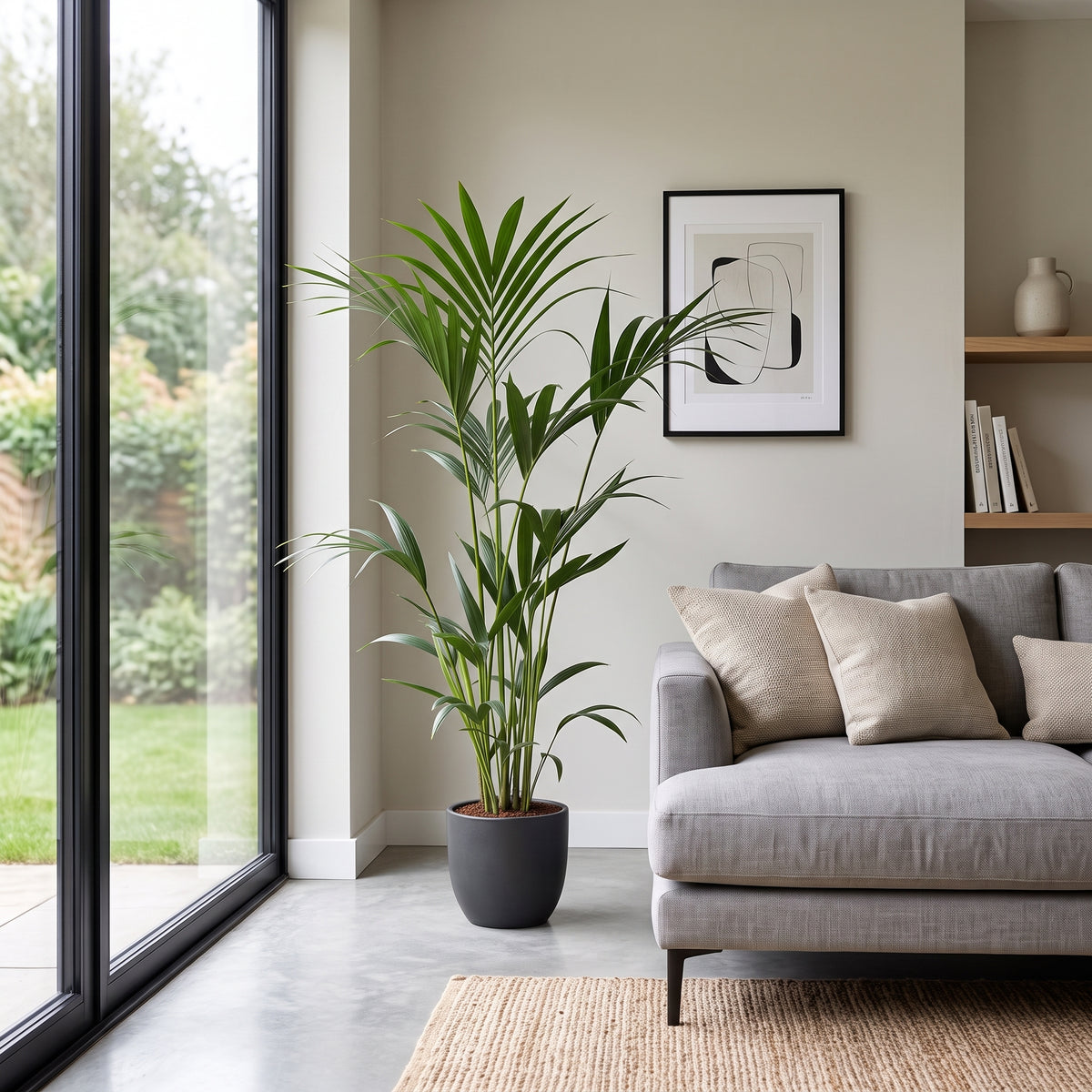 A tall potted palm plant in a dark gray pot stands in a modern living room next to a light gray sofa with beige pillows, in front of a large window looking out onto a green garden.