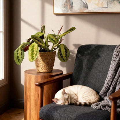 Cat sleeping on a gray armchair next to a potted plant on a wooden side table.
