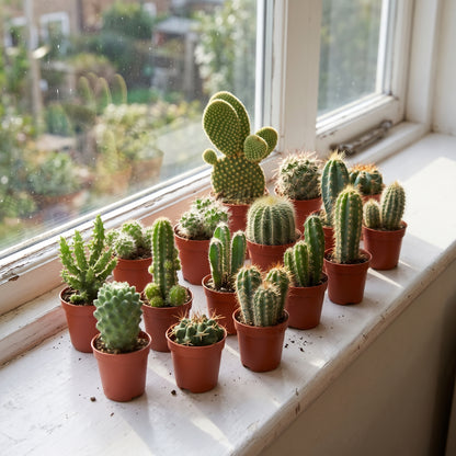 A collection of small green cacti in terracotta-colored plastic pots arranged on a white windowsill with a window looking out onto a garden.