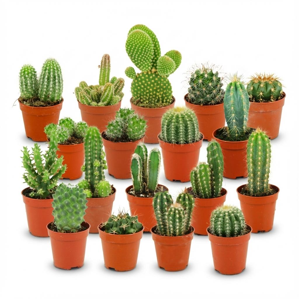 Various potted cacti on a white background