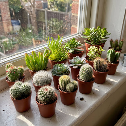 A collection of small potted cacti and succulents in terracotta pots arranged on a windowsill, with a real outdoor yard visible in the background.