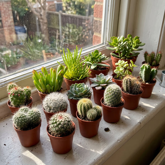 A collection of small potted cacti and succulents in terracotta pots arranged on a windowsill, with a real outdoor yard visible in the background.