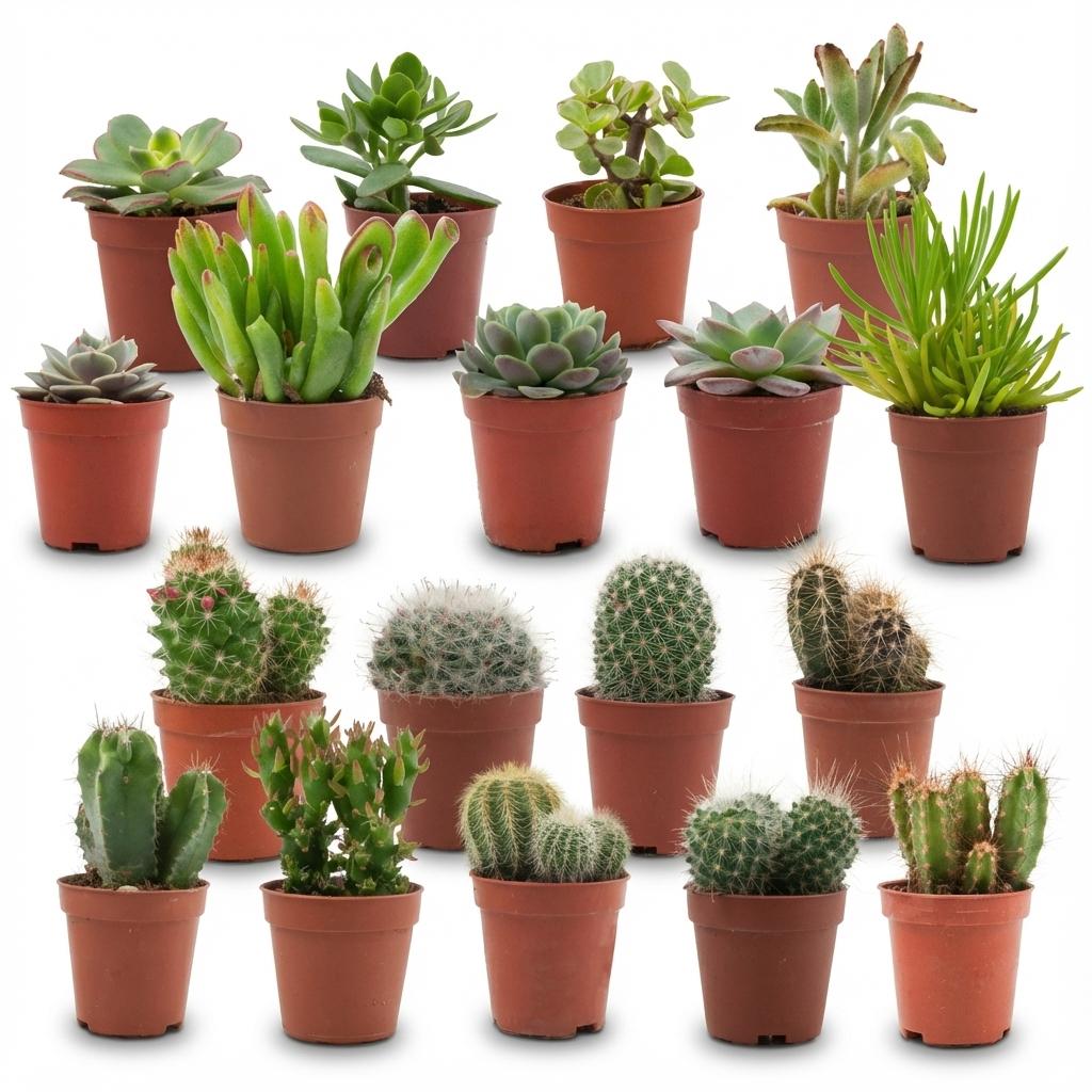 Collection of potted succulents and cacti on a white background