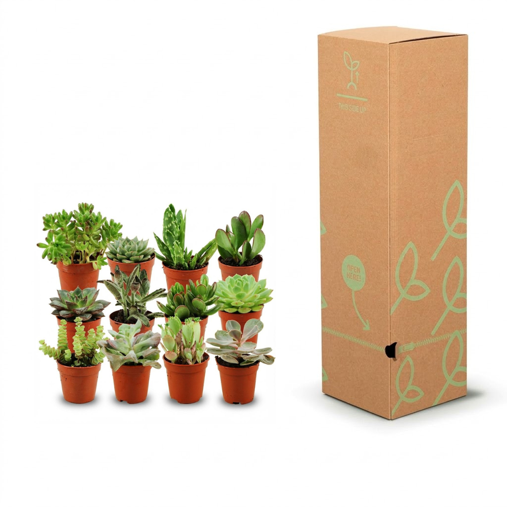 A set of small potted succulents in terracotta pots displayed next to their tall brown cardboard packaging box with green leaf illustrations, on a white background.