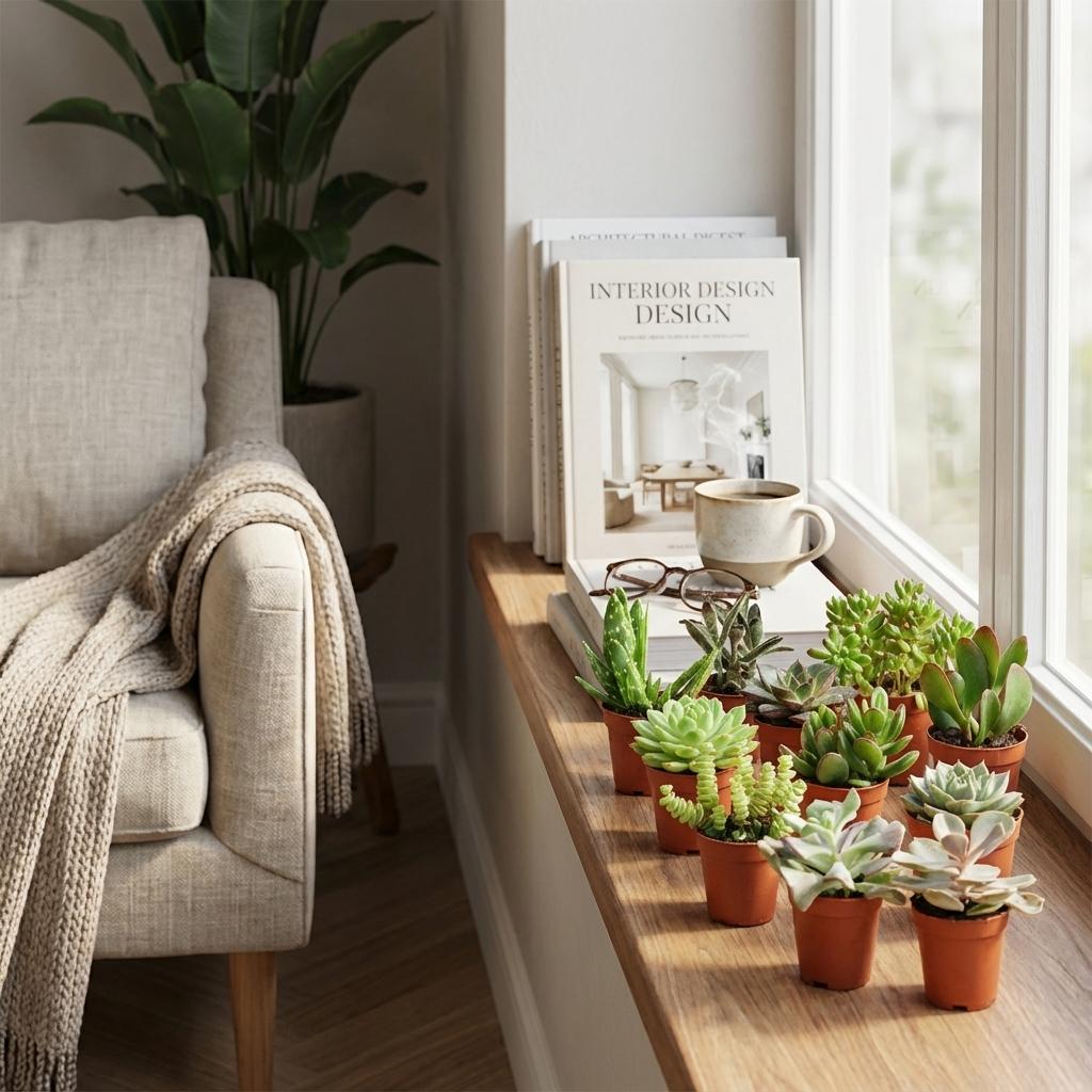 Living room with a beige armchair, potted plants, and a magazine on a wooden side table.