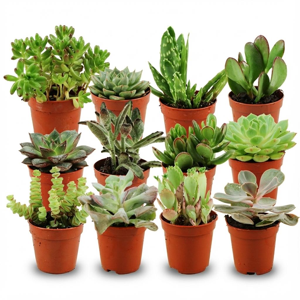 Collection of small potted succulents on a white background