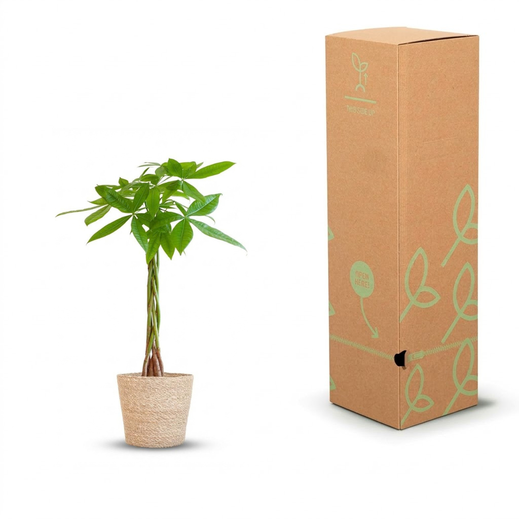 A small potted cashew plant with green leaves in a woven beige pot, shown next to its tall brown cardboard packaging box with light green leaf illustrations on a white background.