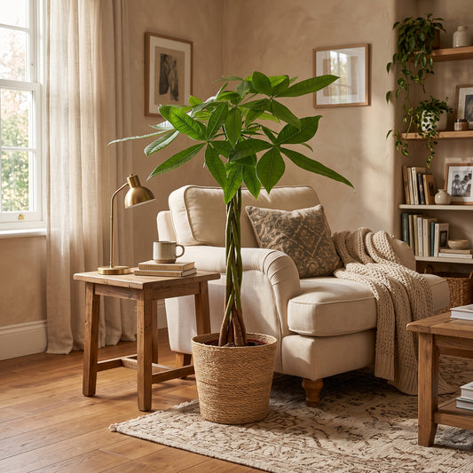 A tall potted cashew plant with lush green leaves stands in a woven basket planter in a cozy, sunlit living room next to a cream armchair and wooden side table.