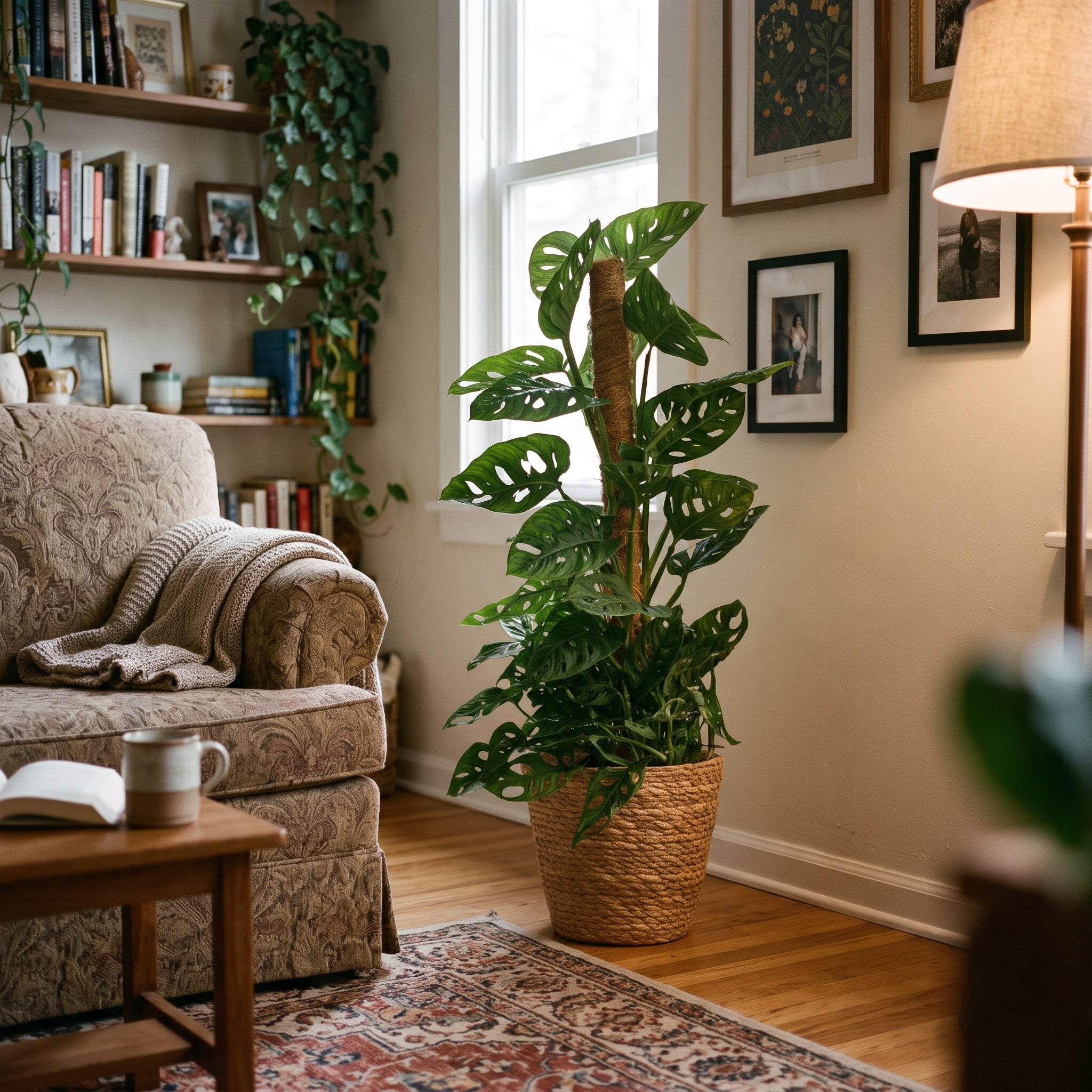A tall monstera plant in a woven basket pot, set in a cozy, sunlit living room next to a patterned armchair and wooden floor.
