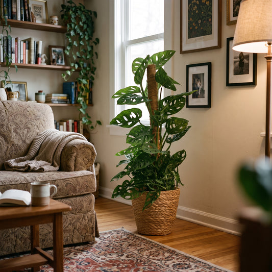 A tall monstera plant in a woven basket pot, set in a cozy, sunlit living room next to a patterned armchair and wooden floor.