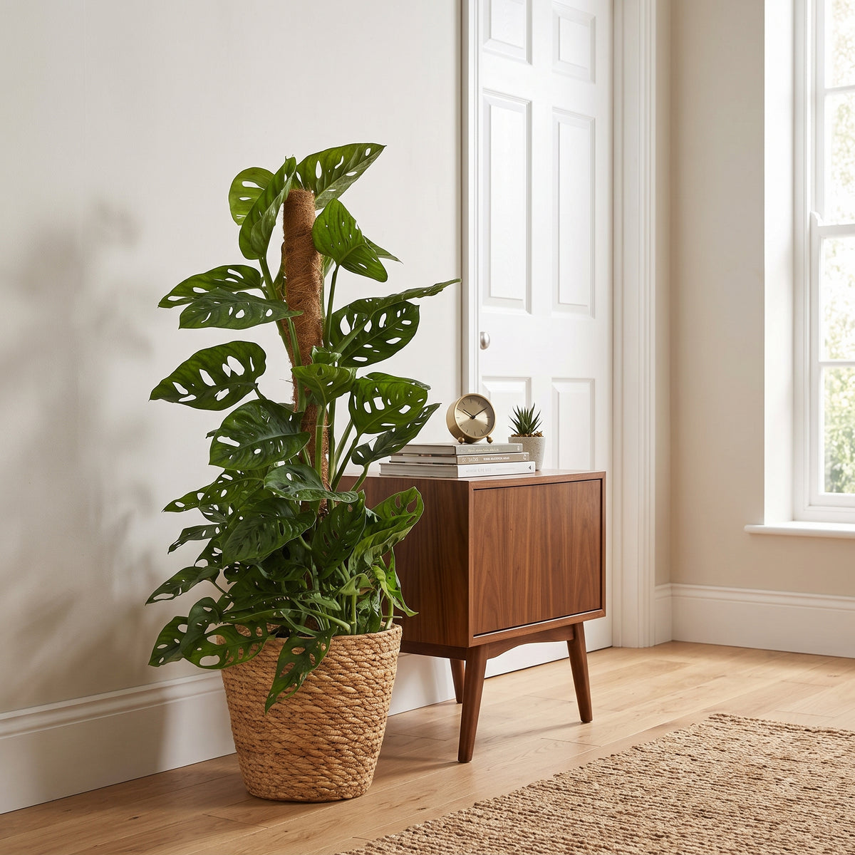 A tall monstera plant in a woven basket pot, styled next to a mid-century modern wooden sideboard in a bright, neutral-toned room.