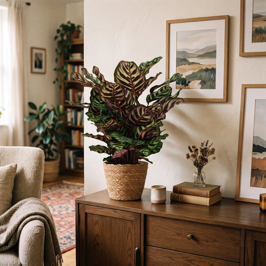 A potted Calathea Ornata plant with green and burgundy variegated leaves in a woven basket pot, styled on a wooden sideboard in a cozy, warm-toned living room.