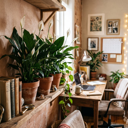 A cozy home office scene with several potted white-flowering houseplants on a wooden shelf and desk, alongside books, a laptop, mug, lamp, framed wall art, and warm string lights.