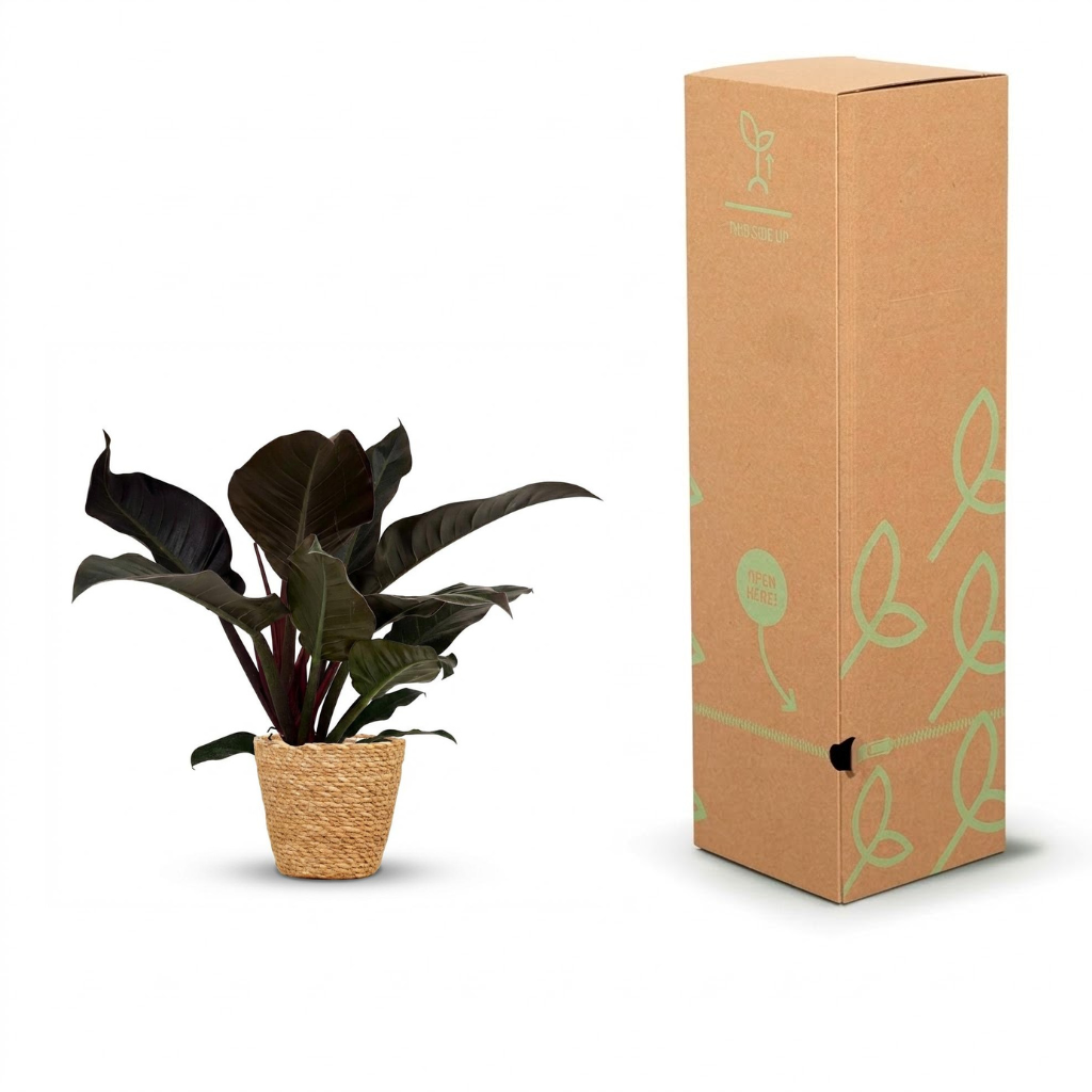 A potted houseplant with dark green to burgundy leaves in a woven light brown pot, shown next to its tall brown cardboard packaging box with light green leaf illustrations on a white background.