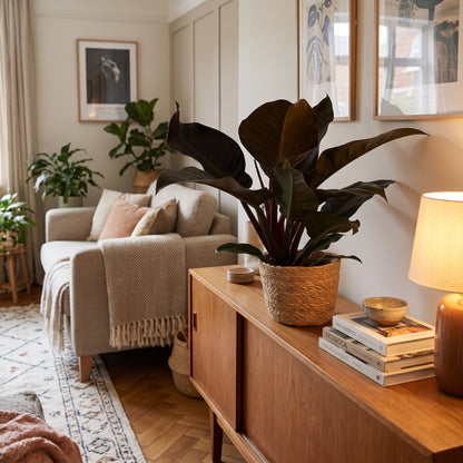 A large potted Anthurium plant with dark, wavy leaves in a woven basket pot, styled on a wooden sideboard in a warm, modern living room.