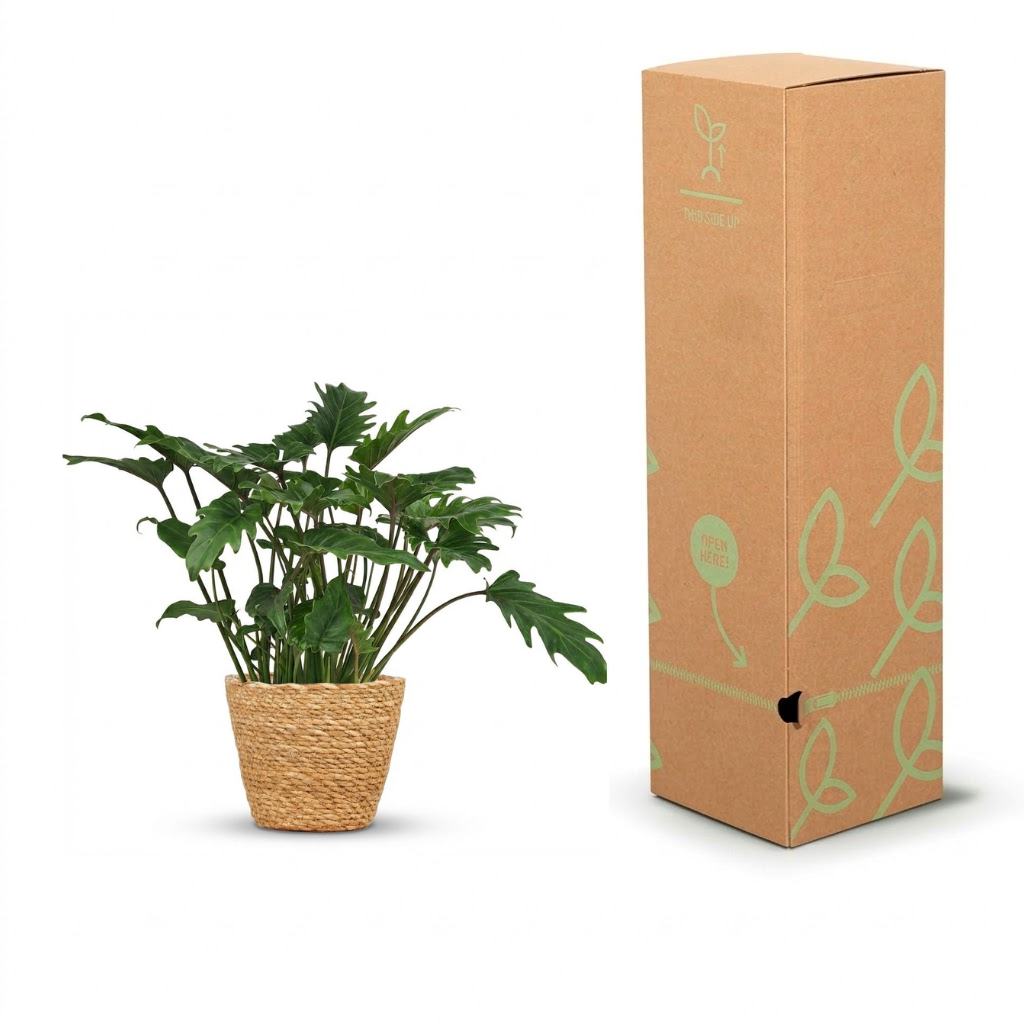A potted green plant in a woven light brown basket beside a tall brown cardboard box with pale green leaf illustrations and a small logo near the top, shown on a white background.