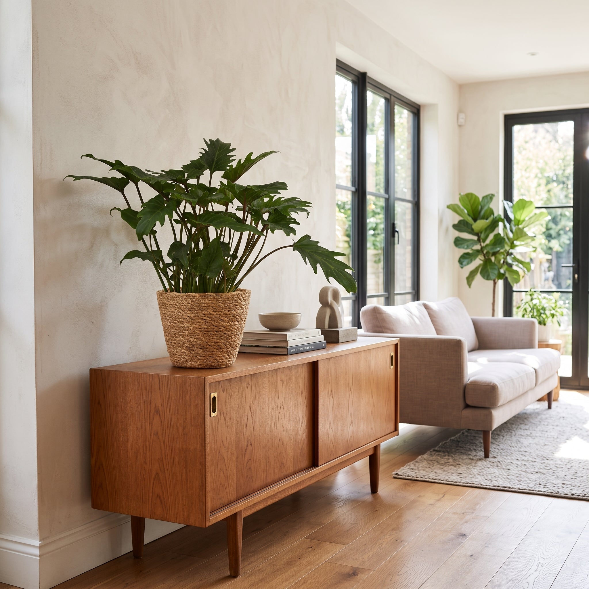 A mid-century modern wooden sideboard cabinet styled in a bright, contemporary living room with a large potted plant on top, next to a beige sofa.