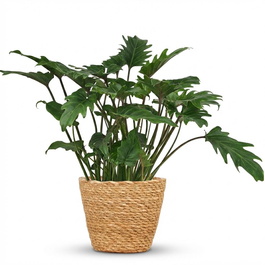 Potted plant with large green leaves in a woven basket on a white background
