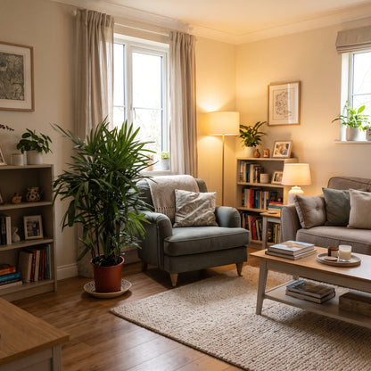 A cozy, well-lit living room with warm beige walls, a gray armchair, a sofa, a wooden coffee table, and multiple potted plants. The room is styled with books, lamps, and framed art, creating a warm and inviting atmosphere.