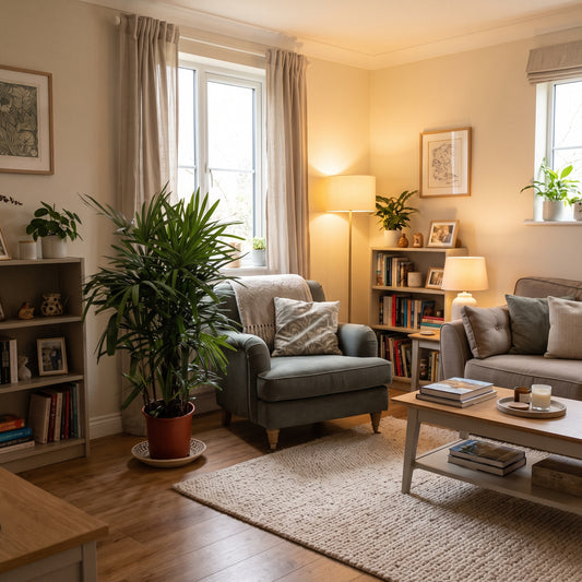 A cozy, well-lit living room with warm beige walls, a gray armchair, a sofa, a wooden coffee table, and multiple potted plants. The room is styled with books, lamps, and framed art, creating a warm and inviting atmosphere.