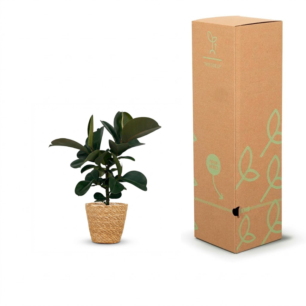 A small potted green plant next to its tall brown cardboard packaging box with light green leaf illustrations, on a white background.