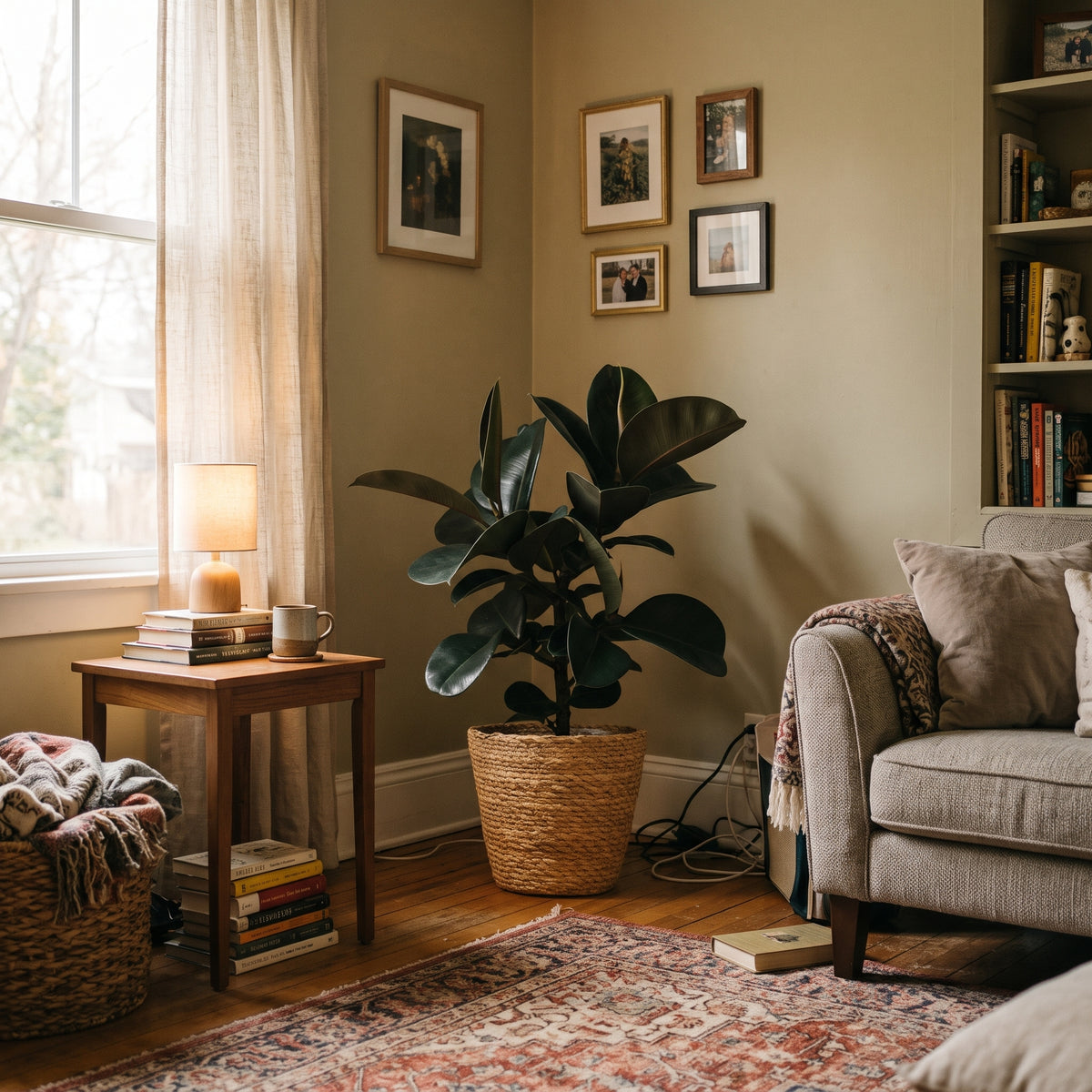 A large potted fiddle-leaf fig plant in a woven basket sits in a cozy, sunlit living room corner next to a wooden side table, a gray armchair, and a patterned rug.