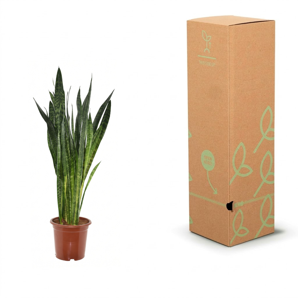 A potted snake plant next to its tall brown cardboard packaging box with green leaf illustrations, on a white background.